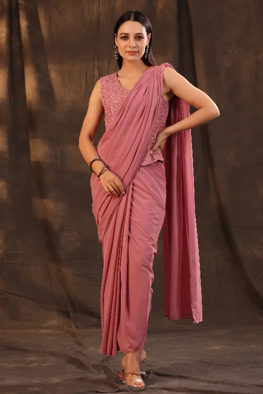 Women's Rose Gold Georgette Embellished Saree Style Dress - Juniper