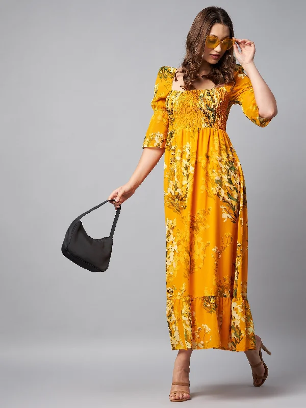 Women's Puff Sleeve Smocked Floral Maxi Dress- Yellow - Stylestone