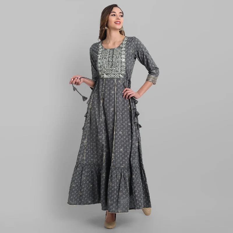 Women's Grey Rayon Festive Wear Embroidered Tiered Long Dress - Juniper