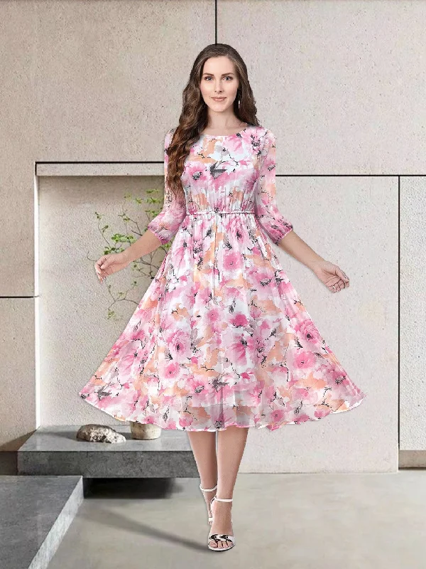 Women's Pink Georgette Floral Fit & Flared Western Dress - Keri Perry