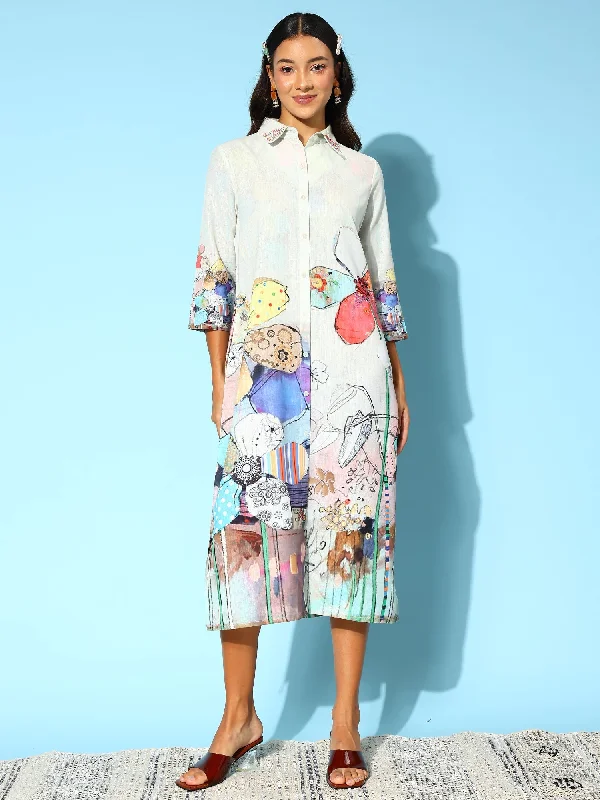 Women's Floral Print Linen Blend A-Line Midi Dress - Indo Era