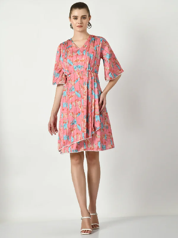 Women's Pink Printed  Dress  - Myshka