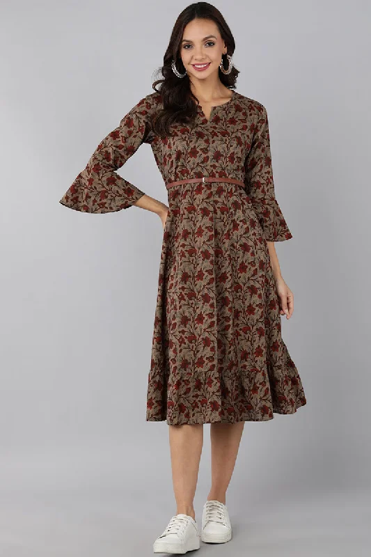 Women's Taupe Cotton Floral Printed Dress  - Ahika