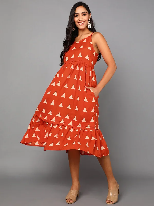 Women's Orange Cotton Geometric Printed Dress  - Ahika