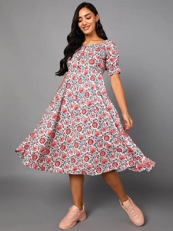 Women's White Cotton Floral Printed Dress  - Ahika