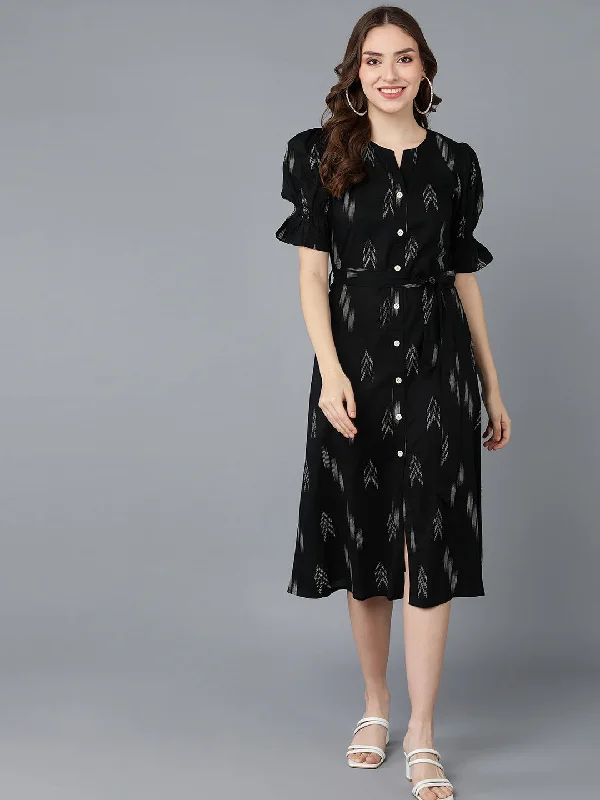 Women's Black Cotton Abstract Printed Dress  - Ahika