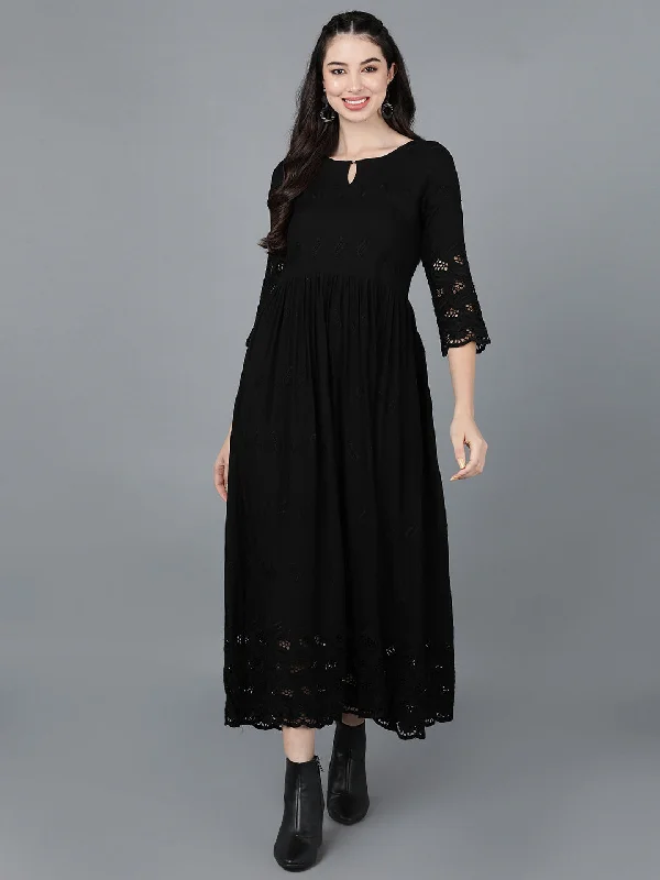 Women's Black Cotton Solid Printed Dress  - Ahika