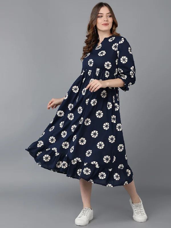 Women's Navy Blue Cotton Floral Printed Dress  - Ahika