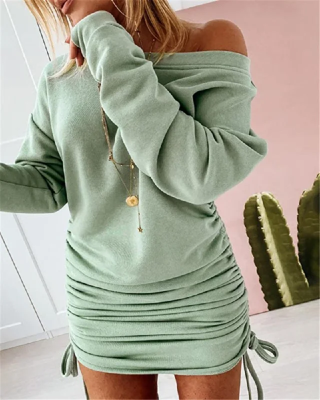 Sixsr Women Sexy Mini Dress Casual Ruffled Drawstring Solid Pencil Dress Autumn Long Sleeve Off Shoulder Pullovers Ladies Slim Dress