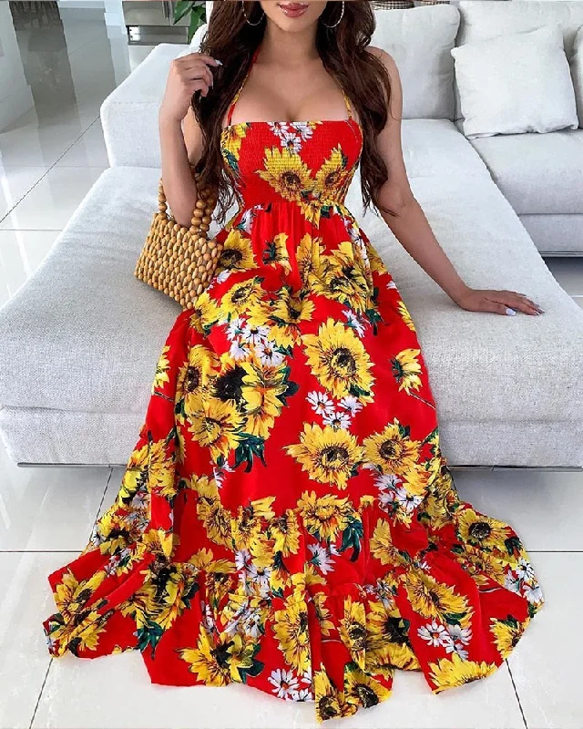 Sixsr Women Sexy Open Back Sunflower Print Bandage Boho Maxi Dress Summer Beach Holiday Halter Sleeveless Long Dress