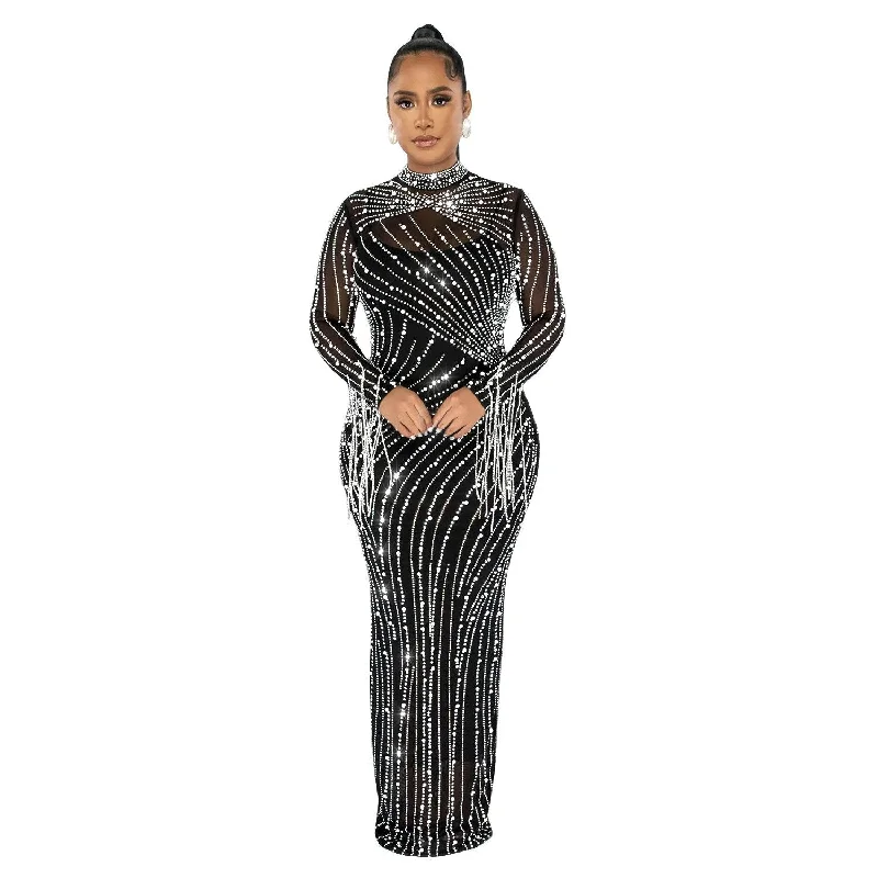 Women's Sexy See Through Rhinestone Bead Mesh Dress Luxury High Neck Long Sleeve Tassels Maxi Party Night Dresses 2 Piece Set