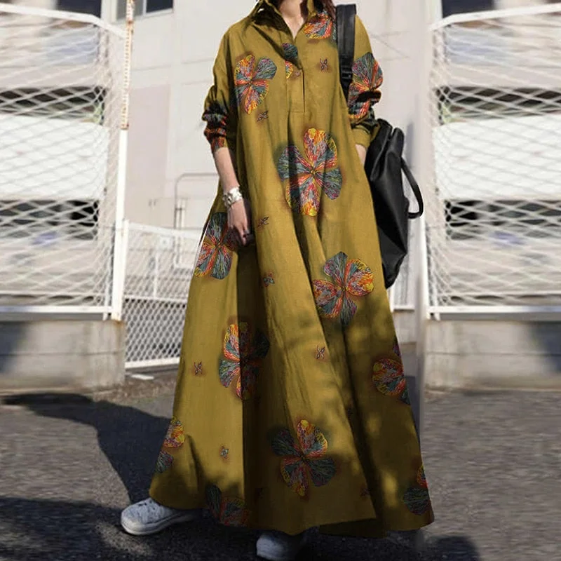 Sixsr Summer Stylish Women Vintage Long Sleeve Loose Sundress Casual Long Maxi Dress Kaftan Femme Solid Party Vestido Robe