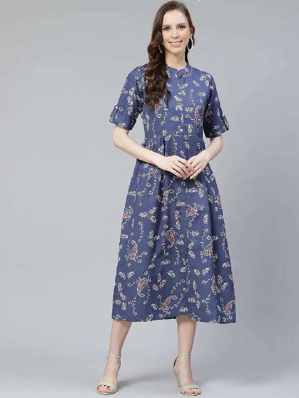 Women's Poly Rayon Navy Blue Colored Digital Printed Flared  Dress - Ziyaa